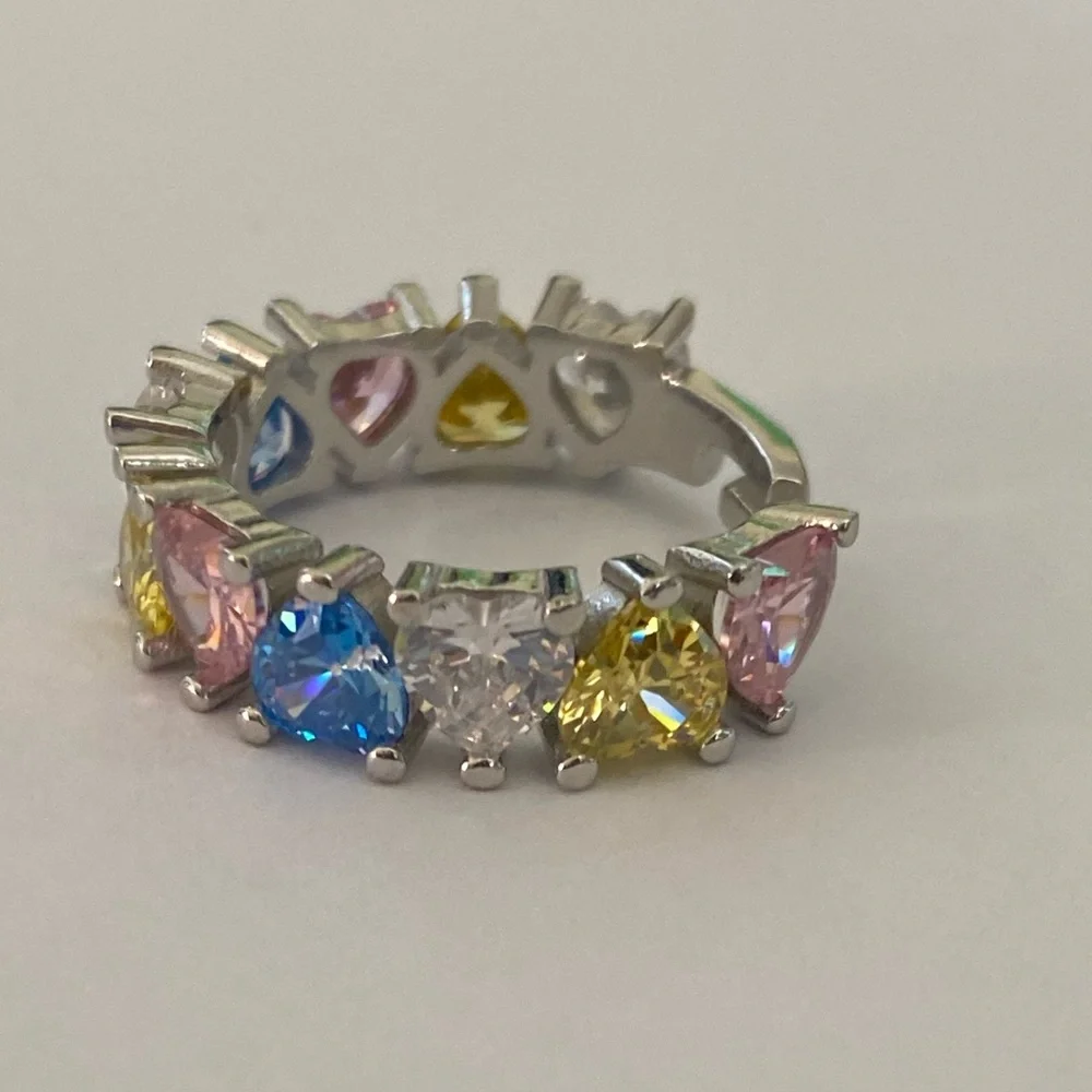 925 Silver heart band ring adjustable size 5.5 cz stones